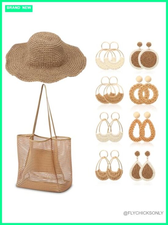 10 Piece Beach Tote Bag and Straw Hat Set with Rattan Earrings, Vacation main image 5